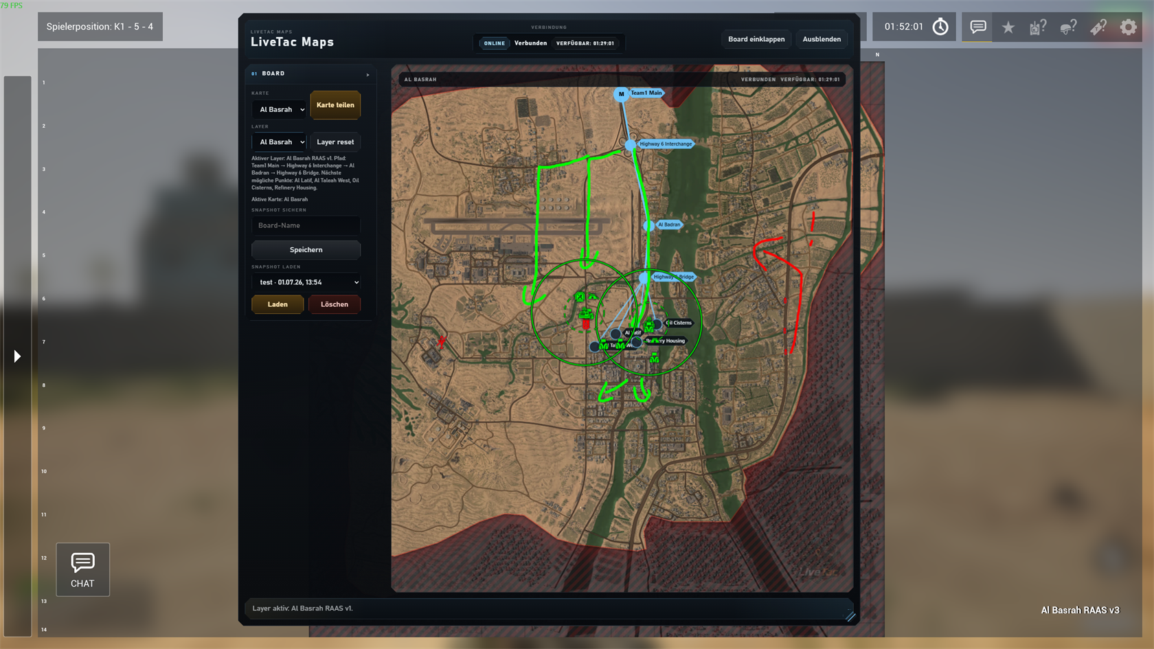 Großes LiveTac-Maps-Overlay mit Routenzeichnung, Kreisen und Marker-Planung auf Al Basrah.
