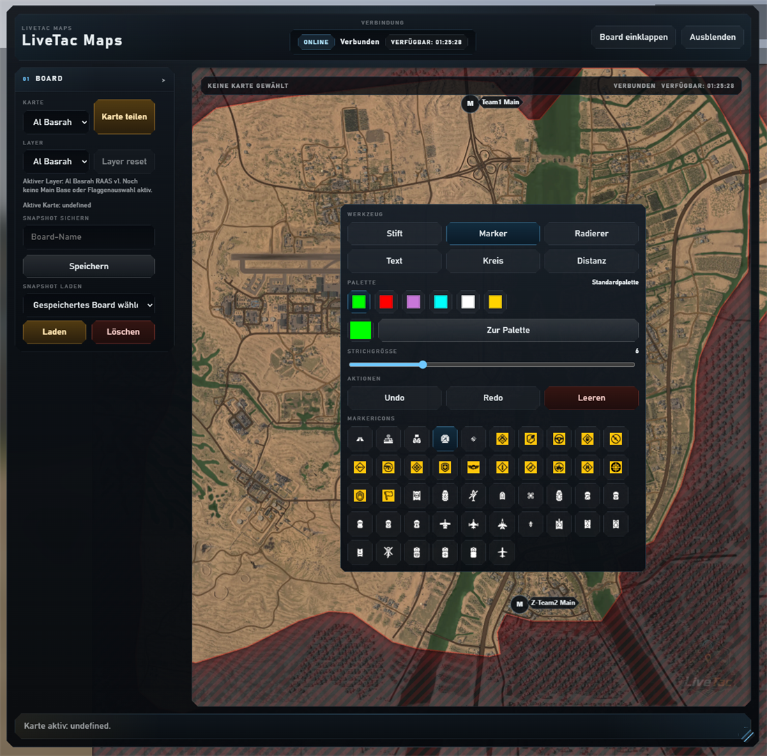 LiveTac Maps mit geöffnetem Marker-Chooser, Farbpalette und Icon-Auswahl.